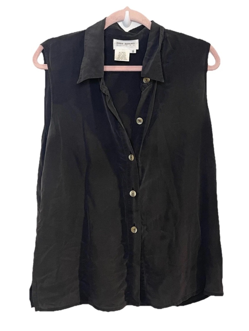 VTG Hugo Buscati Solid Black 100% Silk Button Down Shirt Collared Sleeveless 10